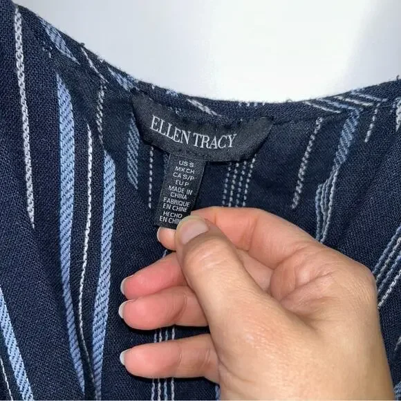 NWT Ellen Tracy Blue Stripe Tie Front Linen‎ Blend Dress Size Small - Picture 6 of 9